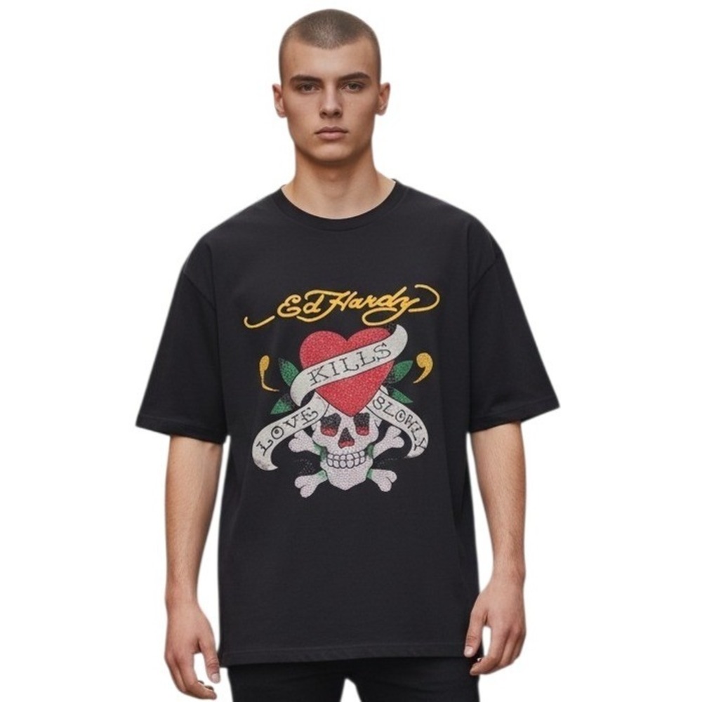 Y2k Ed Hardy Mens XXL Rhinestone Skull Love Kills Slowly Faded Grungecore Tee